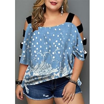 Women's Plus Size Tops Blouse Shirt Floral Cut Out Print Half Sleeve V Neck Streetwear Daily Going out Polyester Spring Summer Blue Wine miniinthebox