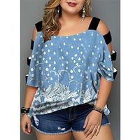 Women's Plus Size Tops Blouse Shirt Floral Cut Out Print Half Sleeve V Neck Streetwear Daily Going out Polyester Spring Summer Blue Wine miniinthebox - thumbnail