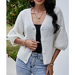 Women's Solid Color Cardigan Long Sleeve Sweater Cardigans V Neck Fall Spring White Blue Purple miniinthebox