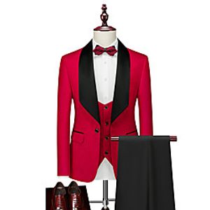 Men's Suits Pants Blazer Waistcoat Wedding Guest Solid Colored Single Breasted Regular Fit Cotton Men's Suit White / Blue / Red - Shawl Lapel miniinthebox
