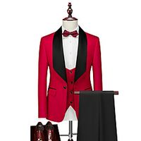 Men's Suits Pants Blazer Waistcoat Wedding Guest Solid Colored Single Breasted Regular Fit Cotton Men's Suit White / Blue / Red - Shawl Lapel miniinthebox - thumbnail