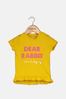 Toddler Girls Dear Rabbit Ruffle Hem Tee Mustard Toddler Girls Dear Rabbit Ruffle Hem Tee Mustard