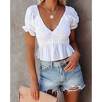 Shirt Blouse Women's White Solid Color Ruched Street Daily Fashion V Neck S Lightinthebox