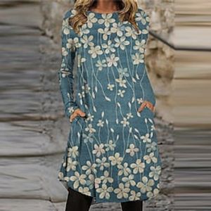 Women's Casual Dress T Shirt Dress Tee Dress Shift Dress Blue Navy Blue Gray Long Sleeve Floral Pocket Winter Fall Spring Crew Neck Winter Dress Fall Dress 2022 S M L XL XXL 3XL Lightinthebox