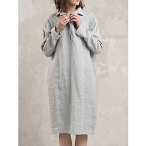 Women's Shirt Dress Casual Dress Cotton Linen Dress Midi Dress Linen Cotton Blend Basic Casual Daily Date Weekend Shirt Collar Button Pocket Long Sleeve Summer Spring 2023 Loose Fit Gray Plain S M L Lightinthebox