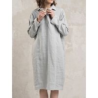 Women's Shirt Dress Casual Dress Cotton Linen Dress Midi Dress Linen Cotton Blend Basic Casual Daily Date Weekend Shirt Collar Button Pocket Long Sleeve Summer Spring 2023 Loose Fit Gray Plain S M L Lightinthebox - thumbnail