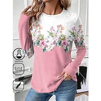 Women's T shirt Tee Floral Yellow Pink Blue Print Long Sleeve Holiday Weekend Fashion Round Neck Regular Fit Spring   Fall Lightinthebox - thumbnail