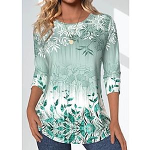 Women's T shirt Tee Floral Green Print Long Sleeve Casual Holiday Fashion Round Neck Regular Fit Spring   Fall Lightinthebox