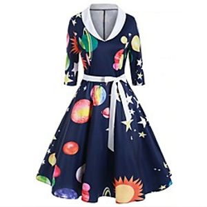 Women's Vintage A Line Dress Knee Length Dress Wine Green Navy Blue Long Sleeve Print Geometric Print Fall Winter Round Neck Casual Halloween 2021 S M L XL XXL miniinthebox