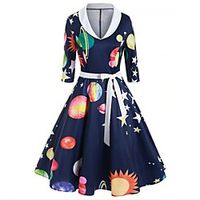 Women's Vintage A Line Dress Knee Length Dress Wine Green Navy Blue Long Sleeve Print Geometric Print Fall Winter Round Neck Casual Halloween 2021 S M L XL XXL miniinthebox - thumbnail