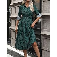 Women's Casual Dress A Line Dress Leopard Print Button Shirt Collar Midi Dress Streetwear A Line Street Holiday Long Sleeve Loose Fit Green Khaki Spring Fall S M L XL Lightinthebox - thumbnail