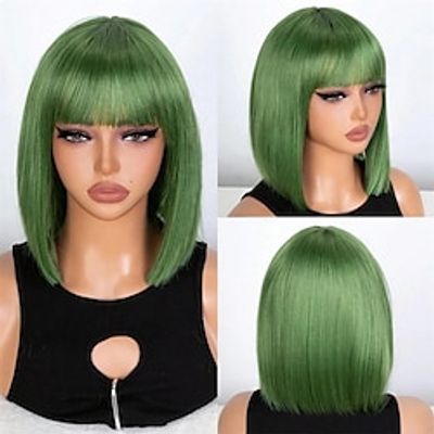 Halloween  Christmas wigs Straight Bob Wig Green Synthetic Hair Wig Short Straight Colored Synthetic Wig with bangs for Women Lightinthebox