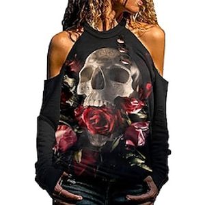 Women's Blouse Butterfly Skull Flower Halloween Casual Weekend Blouse Long Sleeve Cut Out Print High Neck Basic Halloween White Black Gray S miniinthebox