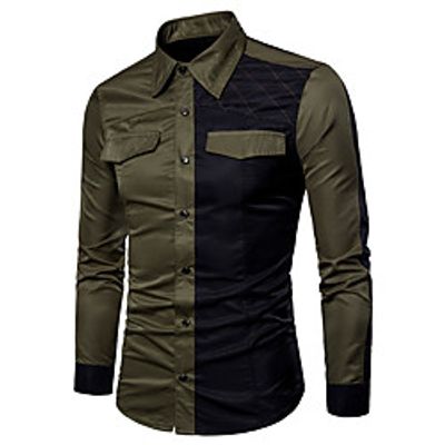 Men's Shirt non-printing Color Block Patchwork Long Sleeve Casual Tops Casual Fashion Streetwear western style Army Green Khaki White miniinthebox