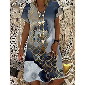 Women's T Shirt Dress Tee Dress Knee Length Dress Gray Short Sleeve Color Gradient Geometric Print Summer V Neck Casual 2021 S M L XL XXL 3XL miniinthebox