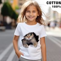 Girls' 3D Cat Tee Shirt Short Sleeve 3D Print Summer Active Fashion Cute 100% Cotton Kids 3-12 Years Crew Neck Outdoor Casual Daily Regular Fit miniinthebox