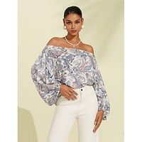 Women's Boho / Paisley / Damask Casual Daily Puff Sleeve White Off Shoulder Printing Paisley Long Sleeve Paisley Off Shoulder Spring Summer Lightinthebox