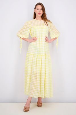 Womens Tie Sleeve Crepe Maxi Dress Yellow/White Womens Tie Sleeve Crepe Maxi Dress Yellow/White