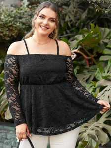 YOINS Plus Size Cold Shoulder Spaghetti Strap Lace Long Sleeves Blouse