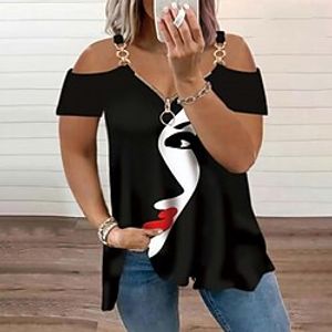 Women's T shirt Tee Black White Yellow Color Block Abstract Zipper Cut Out Short Sleeve Daily Vacation Streetwear One Shoulder Regular Plus Size L miniinthebox