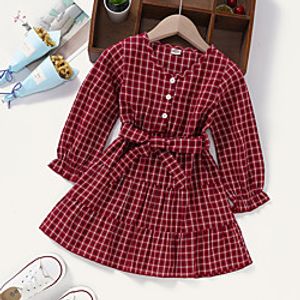 Kids Little Girls' Dress Houndstooth Letter Red Knee-length Long Sleeve Active Basic Dresses Summer Regular Fit 2-6 Years miniinthebox