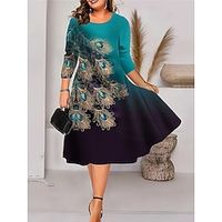 Women's Plus Size Party Dress Cocktail Dress Wedding Guest Dress Midi Dress Navy Blue Blue Green Long Sleeve Floral Print Spring Fall Winter Crew Neck Fashion Winter Dress Wedding Guest Vacation 2023 Lightinthebox - thumbnail