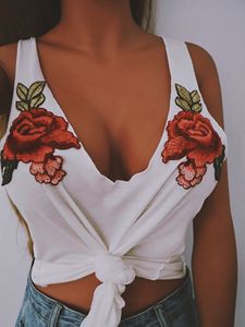 White Sexy V Neck Rose Embroidery Pattern Top