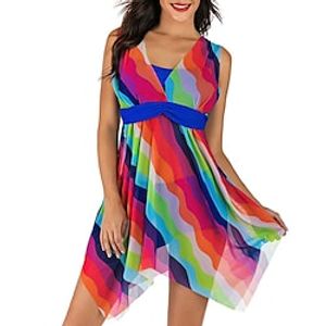 Women's Swimwear Swimdresses Normal Swimsuit 2 Piece Printing Striped Red Bathing Suits Sports Beach Wear Summer Lightinthebox