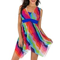 Women's Swimwear Swimdresses Normal Swimsuit 2 Piece Printing Striped Red Bathing Suits Sports Beach Wear Summer Lightinthebox - thumbnail