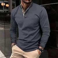 Men's Polo Shirt Waffle Polo Shirt Work Casual Stand Collar Long Sleeve Basic Modern Color Block Patchwork Button Spring   Fall Regular Fit Wine Black White Army Green Navy Blue Dark Gray Polo Shirt Lightinthebox