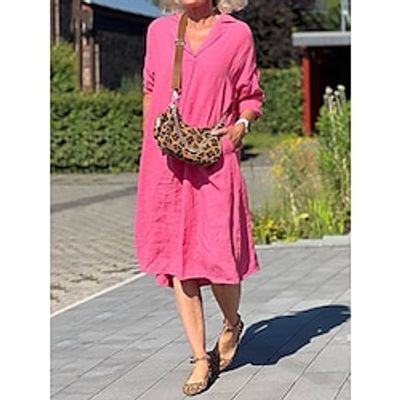 Women's Shirt Dress Casual Dress Cotton Linen Dress Midi Dress Linen Cotton Blend Basic Classic Outdoor Daily Vacation Shirt Collar Button 34 Length Sleeve Summer Spring 2023 Loose Fit Dark Pink Lightinthebox