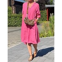 Women's Shirt Dress Casual Dress Cotton Linen Dress Midi Dress Linen Cotton Blend Basic Classic Outdoor Daily Vacation Shirt Collar Button 34 Length Sleeve Summer Spring 2023 Loose Fit Dark Pink Lightinthebox - thumbnail