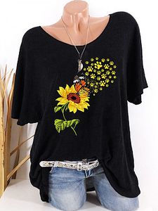 Round Neck Sunflower Print Short Sleeve T-shirt