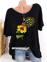 Round Neck Sunflower Print Short Sleeve T-shirt - thumbnail