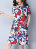 Vintage Women Printed Short Sleeve O-Neck Knee-Length Dress