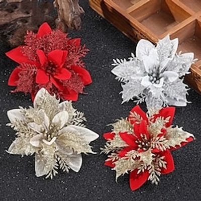 1pcs large christmas poinsettia picks christmas tree glitter flowers decorations ornaments for christmas tree wreath winter christmas home decor miniinthebox