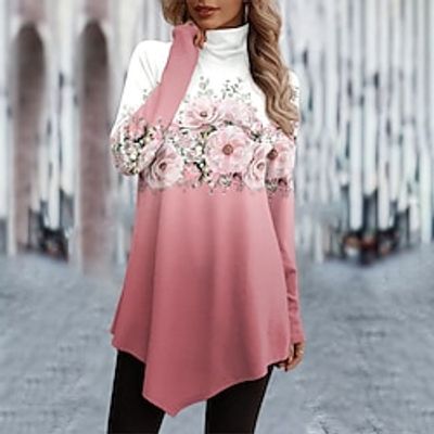 Women's T shirt Tee Pink Floral Asymmetrical Print Long Sleeve Holiday Weekend Fashion High Neck Regular Fit Floral Painting Spring   Fall Lightinthebox