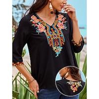 Women's Summer Tops Blouse Embroidered Black Half Sleeve Vintage Bohemian Style Casual V Neck Summer Lightinthebox