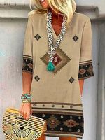 Loose V-neck Printed Western Ethnic Style Short-sleeved Shift Dresses