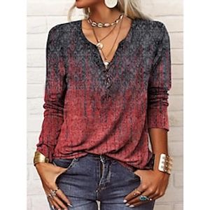 Women's Shirt Blouse Black Pink Wine Ethnic Paisley Color Gradient Button Print Long Sleeve Casual V Neck Regular Plus Size S miniinthebox