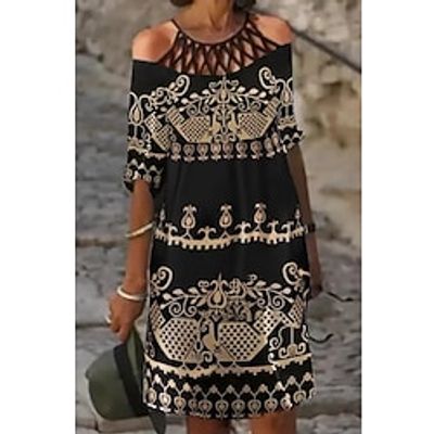 Women's Shift Dress Knee Length Dress Black Half Sleeve Print Hollow Out Cold Shoulder Print Spring Summer Crew Neck Stylish Modern 2022 S M L XL XXL 3XL Lightinthebox