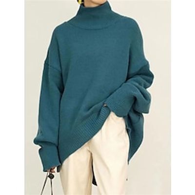 Women's Pullover Sweater Jumper Stand Collar Ribbed Knit Polyester Knitted Fall Winter Regular Outdoor Daily Going out Fashion Streetwear Casual Long Sleeve Solid Color Yellow Blue Apricot One-Size miniinthebox