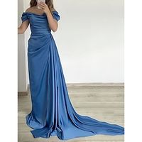 A-Line Evening Gown Party Dress Formal Court Train Short Sleeve Off Shoulder Satin with Pleats Ruched 2023 Lightinthebox - thumbnail