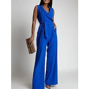 Women's Jumpsuit Lace up High Waist Solid Color Shirt Collar Business Office Work Elegant Regular Fit Sleeveless Black White Blue S M L Summer miniinthebox