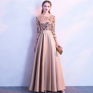 A-Line Glittering Elegant Prom Formal Evening Dress Jewel Neck 34 Length Sleeve Floor Length Satin with Sequin 2022 Lightinthebox