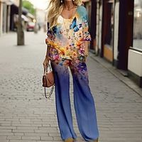 Women's T shirt Tee Pants Sets Floral Butterfly Yellow Pink Blue Print Long Sleeve Outdoor Casual Sports Daily V Neck Regular Fit Spring   Fall Lightinthebox - thumbnail