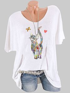 Round Neck Cat Print Short Sleeve T-shirt