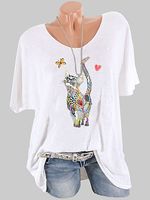 Round Neck Cat Print Short Sleeve T-shirt - thumbnail