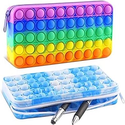 Pop Bubble Silicon Pencil Case Portable Push Popper Pen Box Makeup Cosmetic Bag Stationery Organizer (Rainbow  Blue 2 Pack) miniinthebox