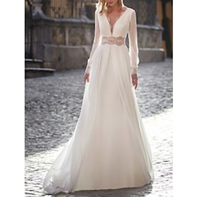 Open Back Wedding Dresses A-Line V Neck Long Sleeve Court Train Satin Bridal Gowns With Pleats 2023 Lightinthebox